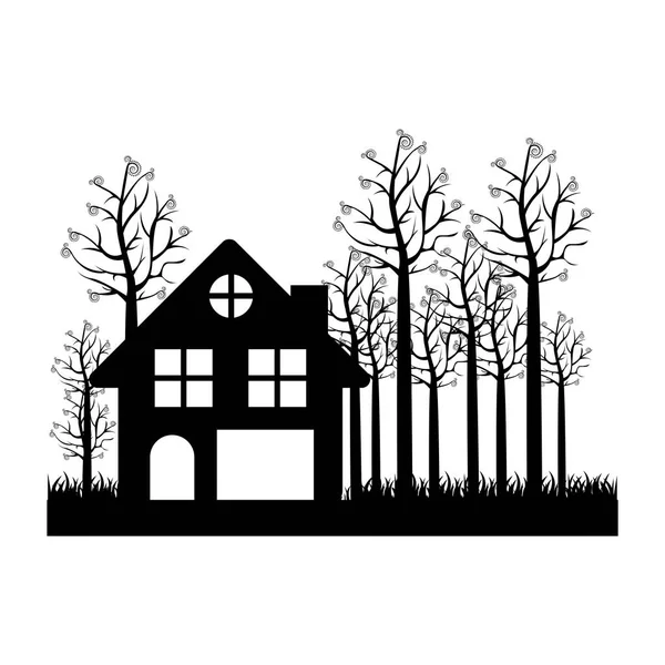 Black silhouette of cottage in the forest in white background — Stock Vector
