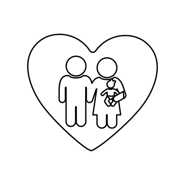Silhouette monocromatica del cuore e coppia di pittogrammi con bambino — Vettoriale Stock