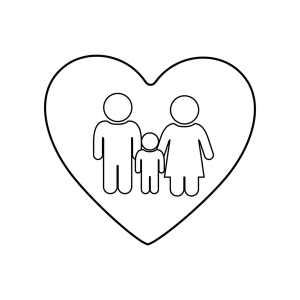 Silhouette monocromatica di cuore e pittogramma coppia e figlio — Vettoriale Stock