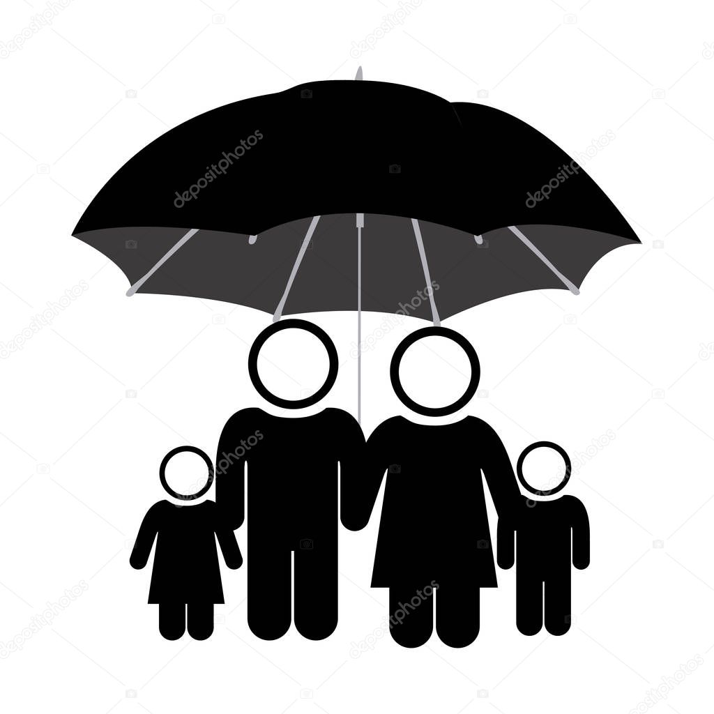 black pictogram of umbrella protecting family group