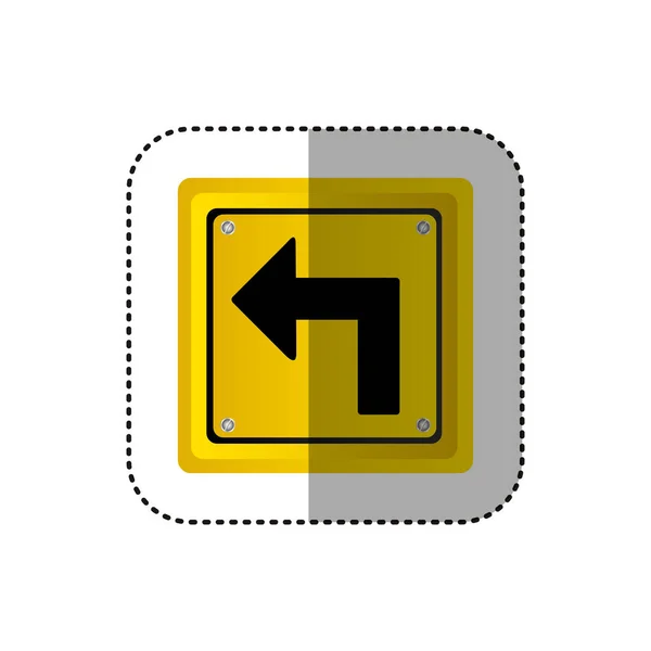 Pegatina metálico realista marco cuadrado amarillo gire a la izquierda señal de tráfico — Vector de stock