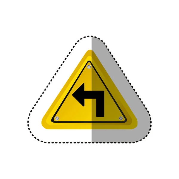Adesivo metálico realista quadro triângulo amarelo virar sinal de tráfego à esquerda —  Vetores de Stock