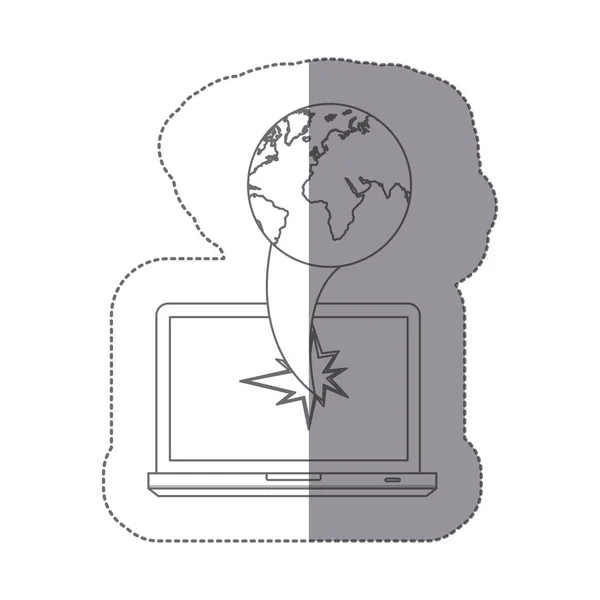 Etiqueta engomada silueta monocroma roto vista frontal tecnología portátil con icono de mapa del mundo de la tierra — Archivo Imágenes Vectoriales