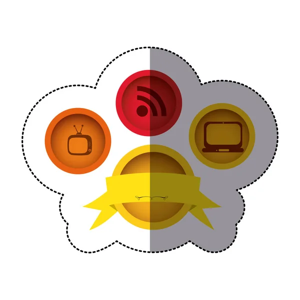 Pegatina colorido botón aplicaciones tecnológicas con emblema cinta decorativa — Vector de stock