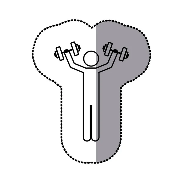 Sticker of monochrome pictogram of man with dumbbell — Stock Vector