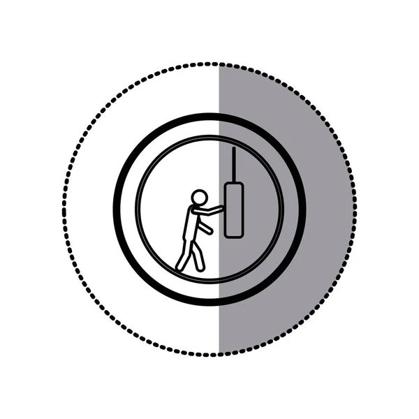 Aufkleber aus monochromem Piktogramm mit Mann klopfendem Boxsack in rundem Rahmen — Stockvektor
