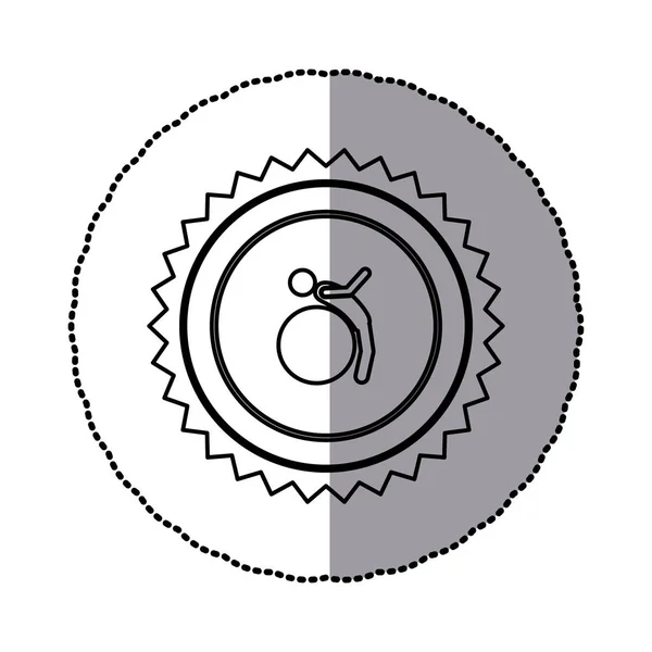 Etiqueta de quadro circular monocromático com serra de contorno de pictograma com treinamento em bola de ginástica — Vetor de Stock