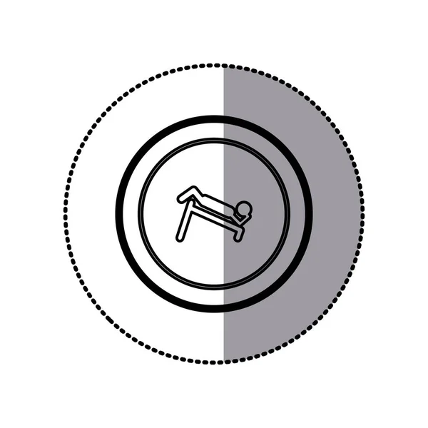 Klistermärke av monokroma kontur piktogram med buken träning på lutande bar i cirkulär ram — Stock vektor