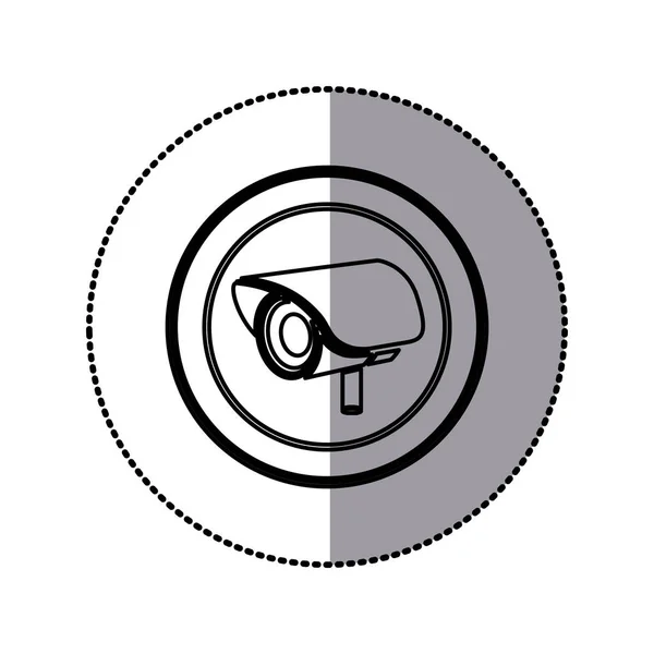 Sticker of monochrome contour of exterior video security camera in circular frame — Stock Vector