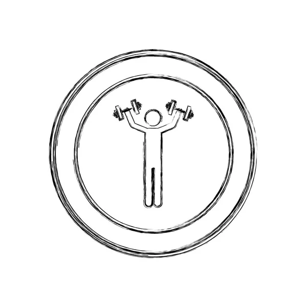 Monokrom skiss av mannen med hantel i cirkulär ram — Stock vektor