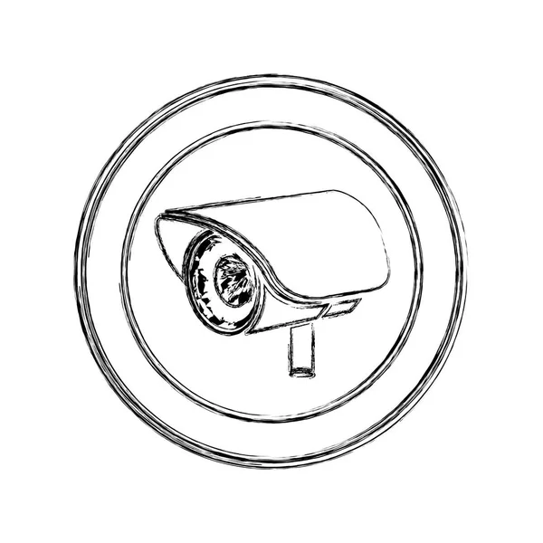 Monochrome sketch of exterior video security camera in circular frame — Stock Vector