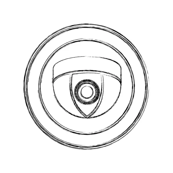Монохромный эскиз камеры видеонаблюдения в форме купола в круговой рамке — стоковый вектор