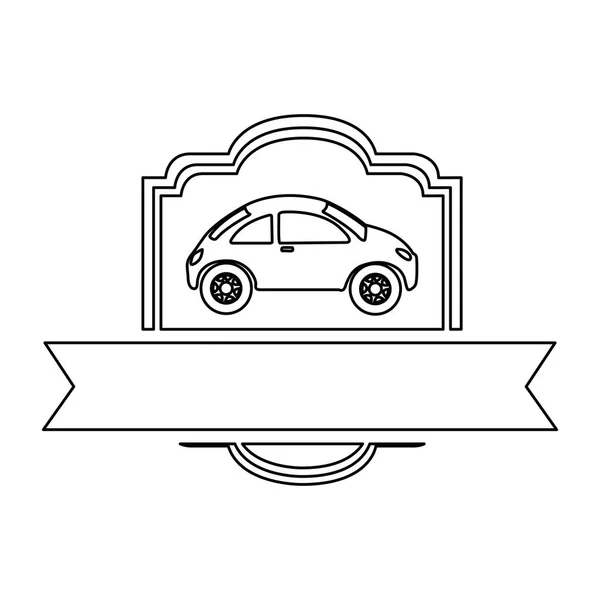 Contorno monocromo del coche deportivo en marco heráldico con cinta — Vector de stock