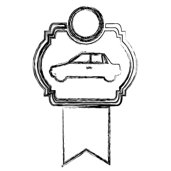 Zwart-wit schetsen van auto van zijaanzicht in heraldische frame met lint — Stockvector