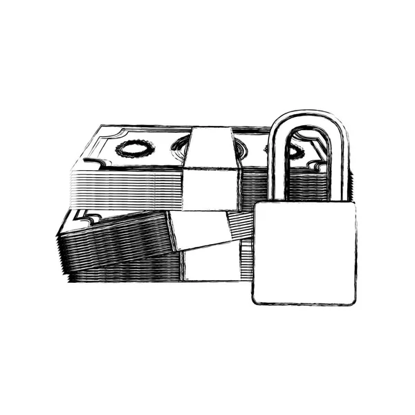 Monochrome Skizze von Scheinen und Münzen mit Vorhängeschloss-Schutz — Stockvektor