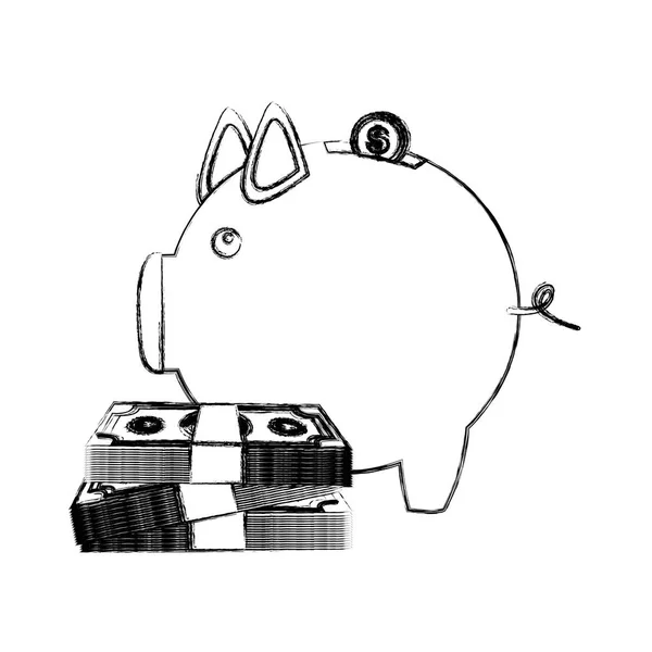 Černobílý nákres Pokladnička ve tvaru prasátko s bankovky a mince — Stockový vektor