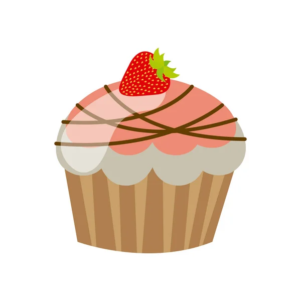 Pink muffin with chocolate and strawberry icon — Stock Vector