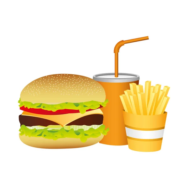 Hamburger, soda i frytki francuskie jadło — Wektor stockowy