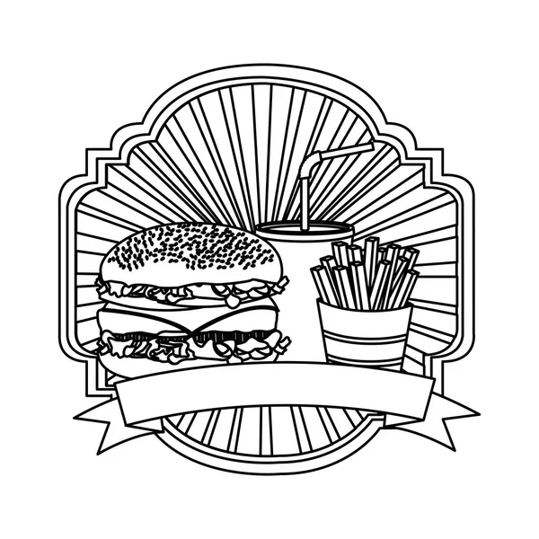 Emblema de silueta con hamburguesa, refrescos y papas fritas y cinta — Vector de stock