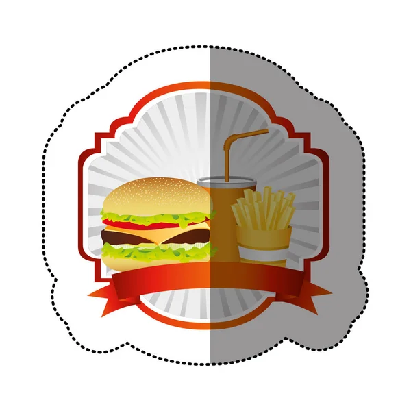 Color emblem with hamburger, soda and fries french and ribbon — Stock Vector