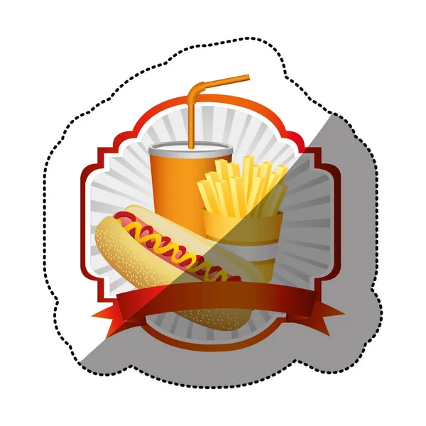 Кольорова емблема з хот-дог, картопля фрі французька і сода зі стрічкою — стоковий вектор