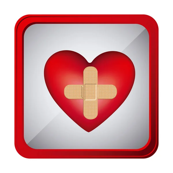 Colorido marco cuadrado botón corazón banda de ayuda en forma de cruz — Vector de stock