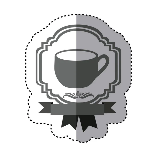 ステッカー白黒シルエット国境のカップと皿磁器と紋章の装飾的なリボン — ストックベクタ