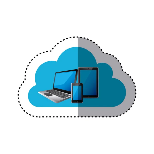 Adesivi cloud storage con set collection dispositivi tecnologici realistici — Vettoriale Stock