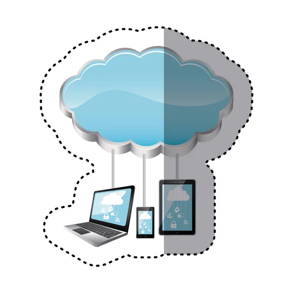 Pegatina almacenamiento en la nube conectado con el conjunto de dispositivos tecnológicos — Vector de stock