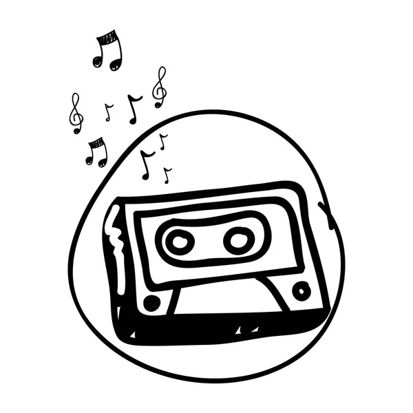 Dibujo a mano monocromo de cinta de casete en círculo y notas musicales — Archivo Imágenes Vectoriales