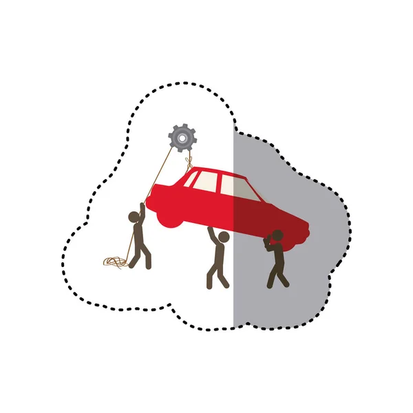 Autocollant travailleurs colorés avec poulie tenant petite automobile — Image vectorielle