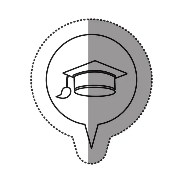 Μονόχρωμη περίγραμμα αυτοκόλλητο με το εικονίδιο Καπέλο Αποφοίτησης στην κυκλική ομιλία — Διανυσματικό Αρχείο