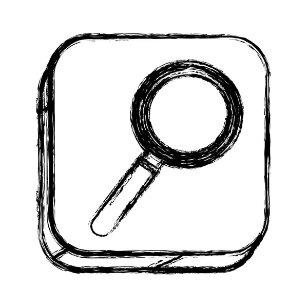 Μονόχρωμη σκίτσο του κουμπί τετράγωνο με μεγεθυντικό φακό — Διανυσματικό Αρχείο