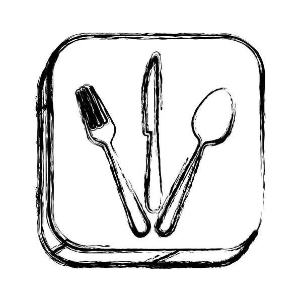 Monochrome sketch of square button with cutlery set — Stock Vector