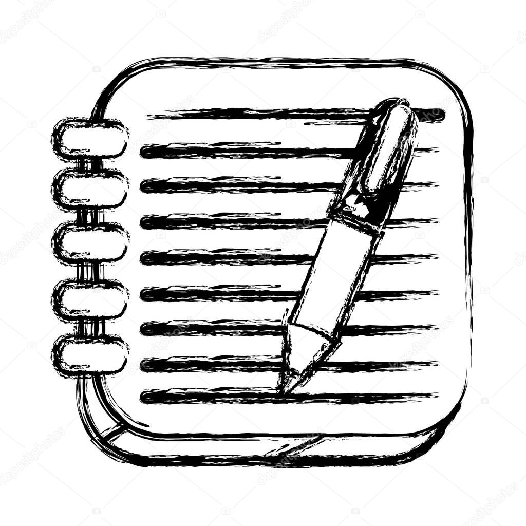 monochrome sketch of square button with spiral notebook and pen