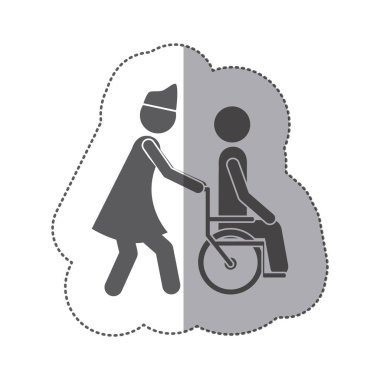 başka bir kişi bir tekerlekli sandalye itmek yardımcı etiket tek renkli siluet hemşire