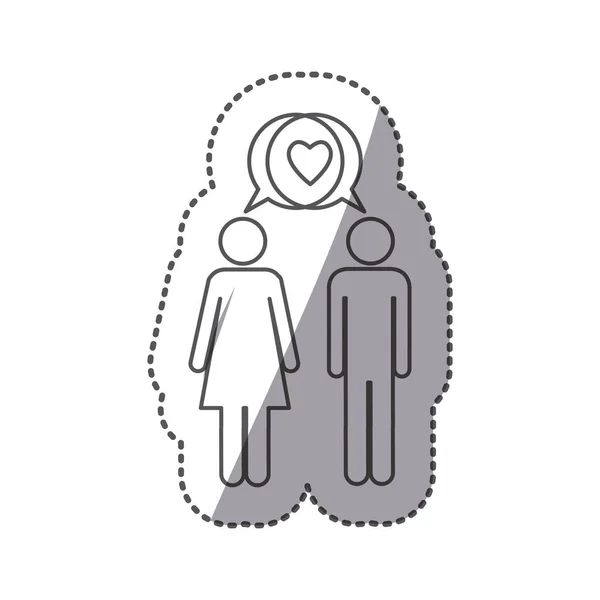 Etiqueta silhueta pictograma macho e fêmea com bolha caixa de diálogo com sinal de coração — Vetor de Stock