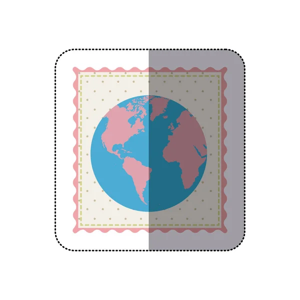 Stickerrahmen mit Silhouette der Weltkarte mit Hintergrund gepunktet — Stockvektor