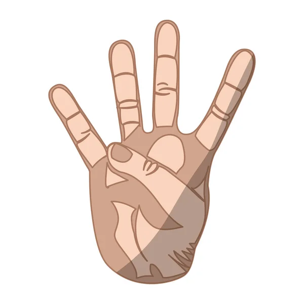 Skizze Silhouette Hautfarbe Hand mit vier Fingern Symbol im Relief — Stockvektor