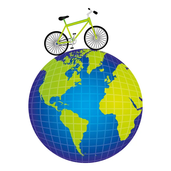 Silueta colorida de la bicicleta sobre el mapa del mundo — Vector de stock