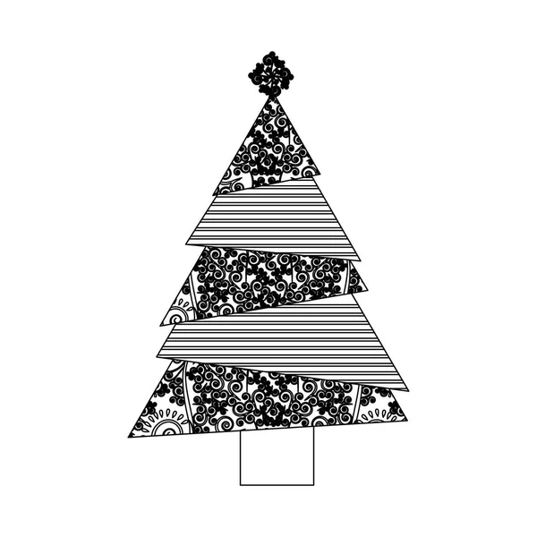 Monochrome background of abstract christmas tree with lines and arabesques — Stock Vector