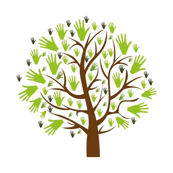 Farbhintergrund des Baumes mit Blättern in Form von Händen — Stockvektor