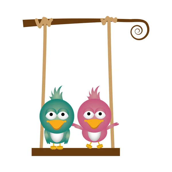 Fond coloré de caricature couple oiseaux sur swing — Image vectorielle