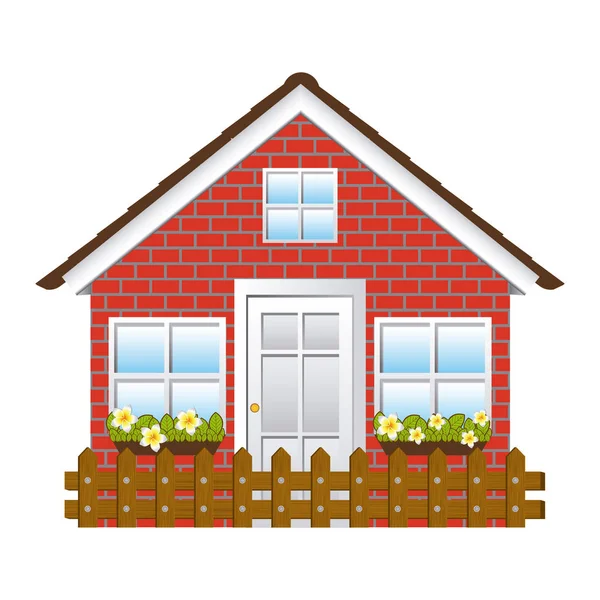 Confortable casa de fachada con jardín y valla de madera — Vector de stock
