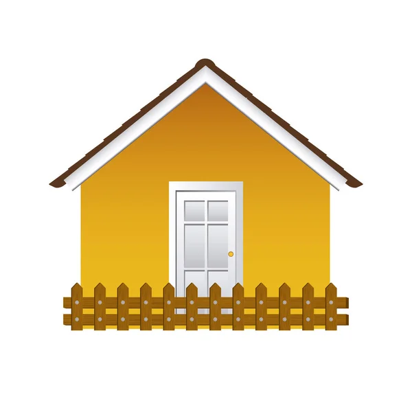 Cómoda casa de fachada amarilla con valla de madera — Vector de stock