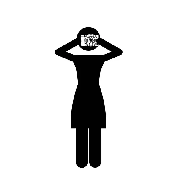 Monochrome pictogram of woman with photo camera — Stock Vector