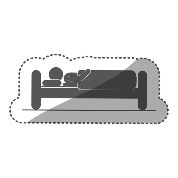 Etiqueta monocromática silhueta pictograma pessoa na cama dormindo —  Vetores de Stock