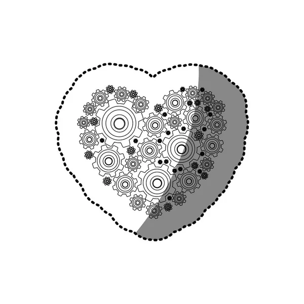 Etiqueta silhueta forma do coração com pinhões e engrenagens conjunto coleção —  Vetores de Stock