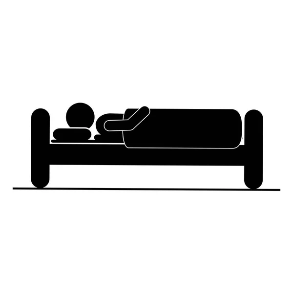 Negro silueta pictograma persona en cama durmiendo — Vector de stock