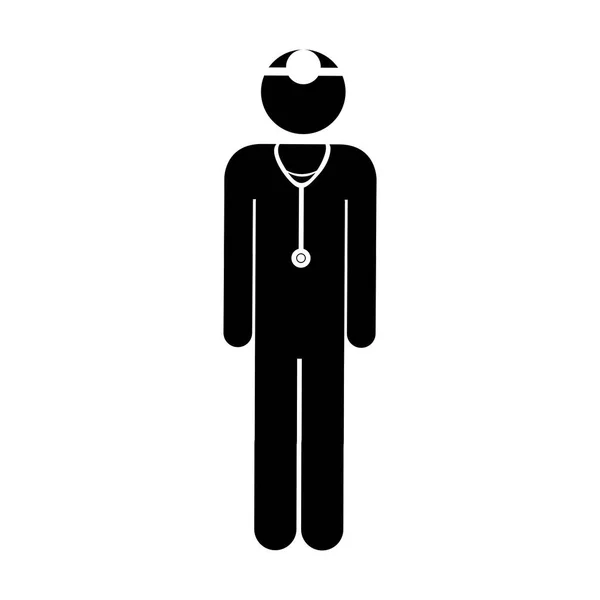 Pittogramma sagoma nera chirurgo maschio con stetoscopio — Vettoriale Stock